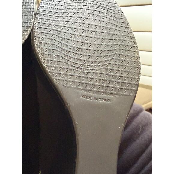 Vintage Y2K Stuart Weitzman Boots 8 Moto Over The Knee Studded Black Suede Wedge - Picture 7 of 8